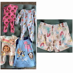 Disney Princess Bluey Dora Coco Melon Pajama Bundle Sets Gown Shorts 5 Pc Sz 4t